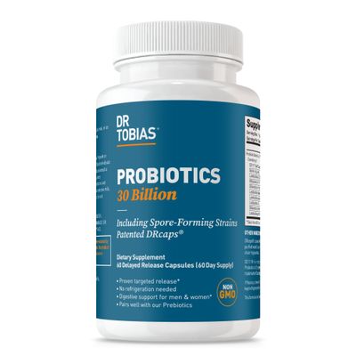 Dr. Tobias Probiotics 30 Billion, 10 Strains, 30 Billion CFU's, Targeted Release Probiotics for Women & Men, Supports Digestive Health, Shelf-Stable, Non-GMO, 60 Capsules, 60 Servings