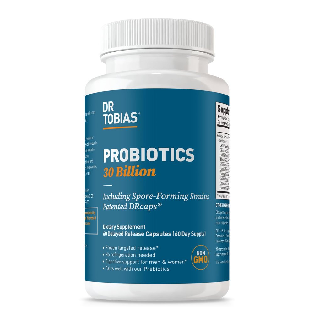 Dr. Tobias Probiotics 30 Billion, 10 Strains, 30 Billion CFU's, Targeted Release Probiotics for Women & Men, Supports Digestive Health, Shelf-Stable, Non-GMO, 60 Capsules, 60 Servings