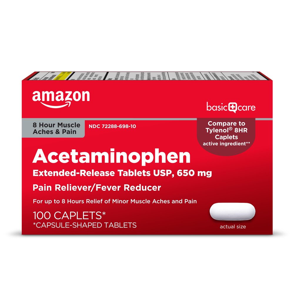 Amazon Basic Care Acetaminophen Extended-Release Tablets, 650 mg, Pain Reliever, Fever Reducer, 8 Hour Relief, 100 Count
