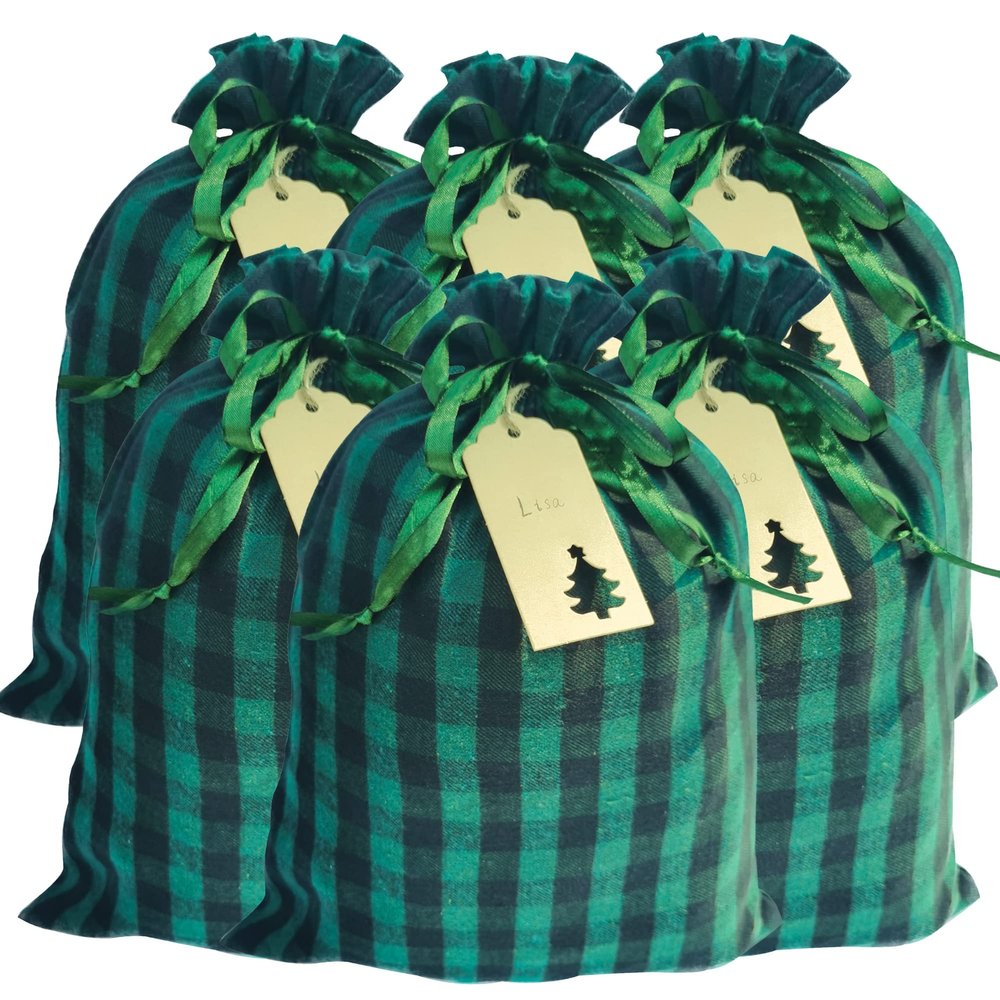 Eylola 6-Piece 11.8 x 15.7 inch Christmas Buffalo Plaid Drawstring Bags - Cotton Xmas Present Bags with Santa Sack and Stocking Design - Green and Black
