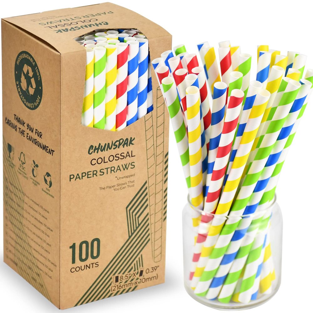 [10mm Wide] 8.5 inch Colossal Paper Straws for Smoothie & Milkshake - Colorful Stripes (Pack of 100)