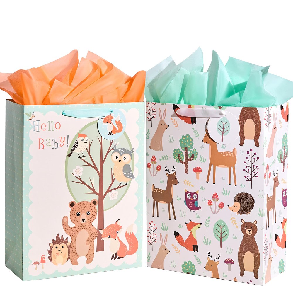 16.5" Extra Large Gift Bags for Baby Shower with Tissue Paper(2 Pack, Hello Baby!)