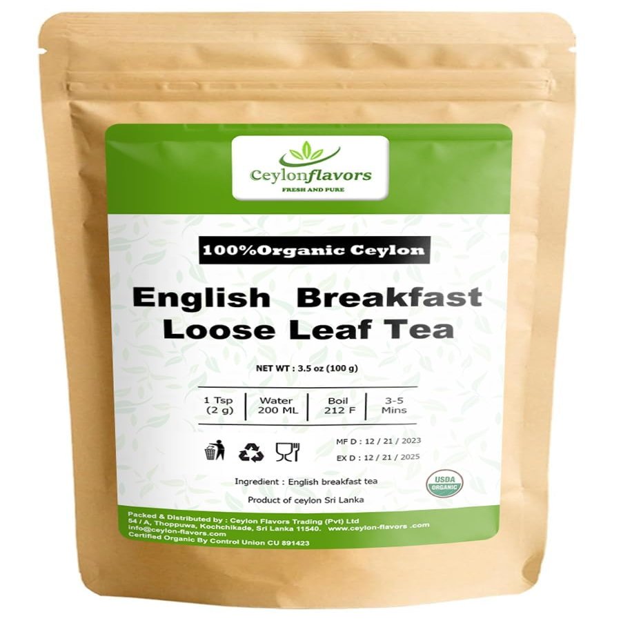 CEYLONFLAVORS FRESH AND PURE Certified Organic English Breakfast Loose Leaf Tea | From Sri Lanka | 3.5oz / 100g
