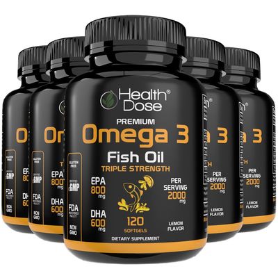 Health Dose Omega 3 Fish Oil  Lemon-Flavored Softgels with EPA & DHA for Brain, Heart, and Wellness Support  Easy-to-Digest, No Fish Burps  120 Softgels, Pack of 5