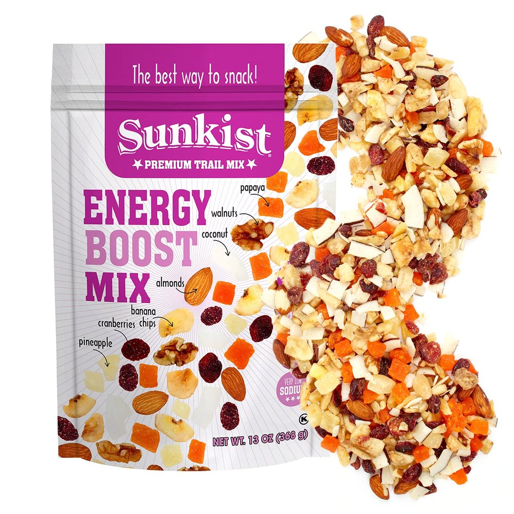 Sunkist Energy Boost Trail Mix - Fruit and Nut Mix, Low Sodium, Gluten Free Snack with Papaya, Walnuts, Coconut, Almonds, Banana Chips, Cranberries, Pineapple | Premium Quality | 13 oz Resealable Bag