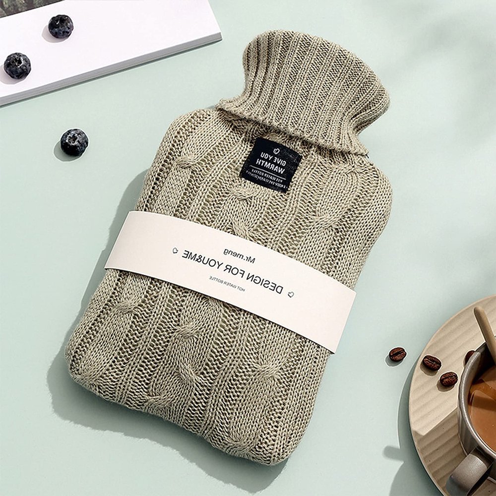 2L Hot Water Bottle with Cover,Soft Knitted Protective Cover,Hot Water Bag for Pain Relief,Neck and Shoulders,Feet Warmer (Color : Green, Size : 1000ML)