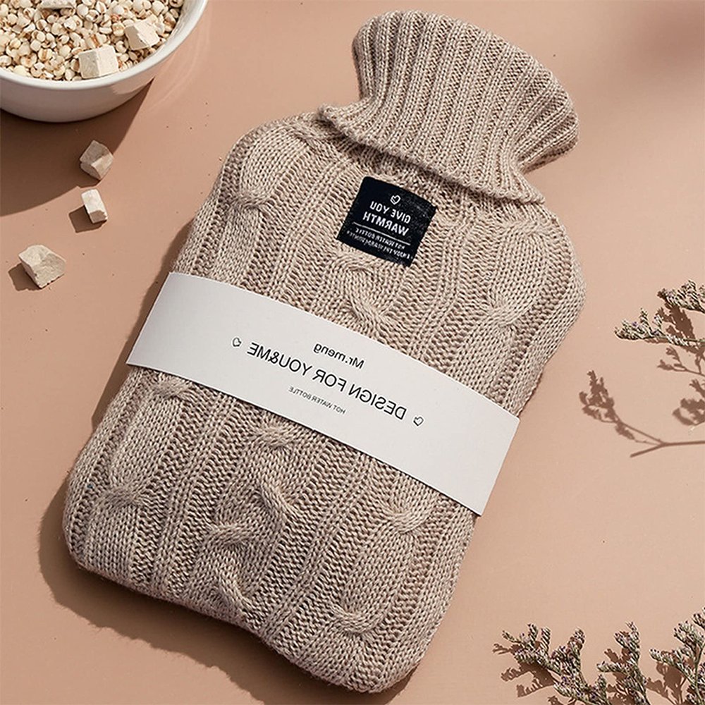 2L Hot Water Bottle with Cover,Soft Knitted Protective Cover,Hot Water Bag for Pain Relief,Neck and Shoulders,Feet Warmer (Color : Beige, Size : 2000ML)