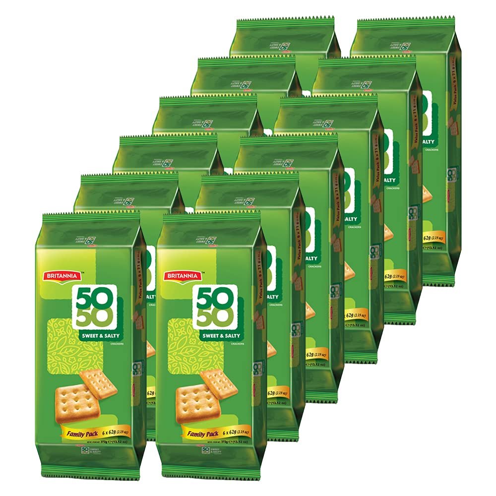Britannia Crackers 50 50 Sweet and Salty Biscuit 13.12oz (372g) - Delicious, Light & Crispy Grocery Cookies - Best Treat for Friends & Family (Pack of 12)