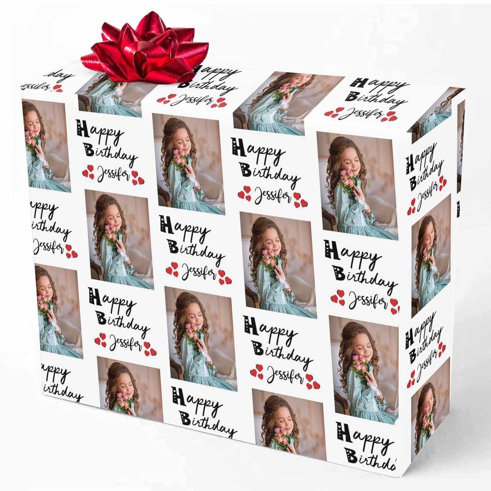 Customized Gift Wrapping Paper, Happy Birthday with Name Photo White Personalized Gift Wrap Paper with Photo Funny Wrapping Paper Roll for Men Women Birthday Christmas 58x23 1 Roll