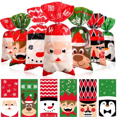 Blulu 180 Pieces Christmas Candy Cellophane Plastic Treat Favor Bags With 200 Gold and Silver Twist Ties for Xmas Santa Goodie Cookie Winter Holiday Party Favors
