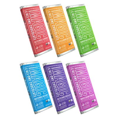 Dr. Bronner's - Magic All-One Variety Chocolate: Salted Whole Almonds, Salted Almond Butter, Crunchy Hazelnut Butter, Roasted Whole Hazelnuts, Salted Dark Chocolate, Smooth Coconut Praline | 6 Count