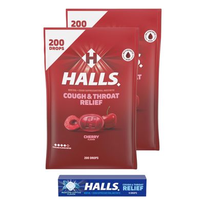 HALLS Relief Cherry Cough Drops, 2 Value Packs of 200 Drops (400 Total Drops) + Bonus 9 Count HALLS Relief Mentho-Lyptus Cough Drops