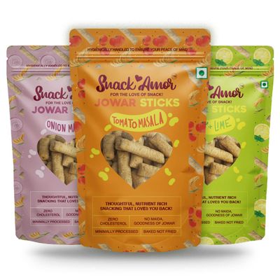SnackAmor 3 Unique Flavors Of Jowar Sticks Multigrain Puffs - Onion Masala Tomato Masala Mint & Lime 100% Vegetarian Product (3 Unique Flavour ( Pack Of 3 )