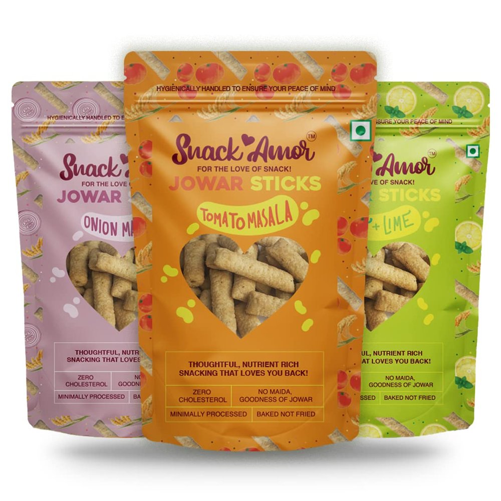 SnackAmor 3 Unique Flavors Of Jowar Sticks Multigrain Puffs - Onion Masala Tomato Masala Mint & Lime 100% Vegetarian Product (3 Unique Flavour ( Pack Of 3 )