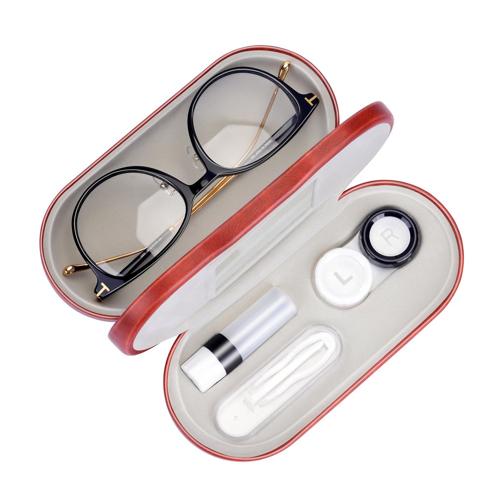 Muf 2 in 1 Contact Lens Case and Glasses Case, Double Sided Design with Mirror, Portable Travel Kit with Tweezer, Remover and Solution Bottle, Brown