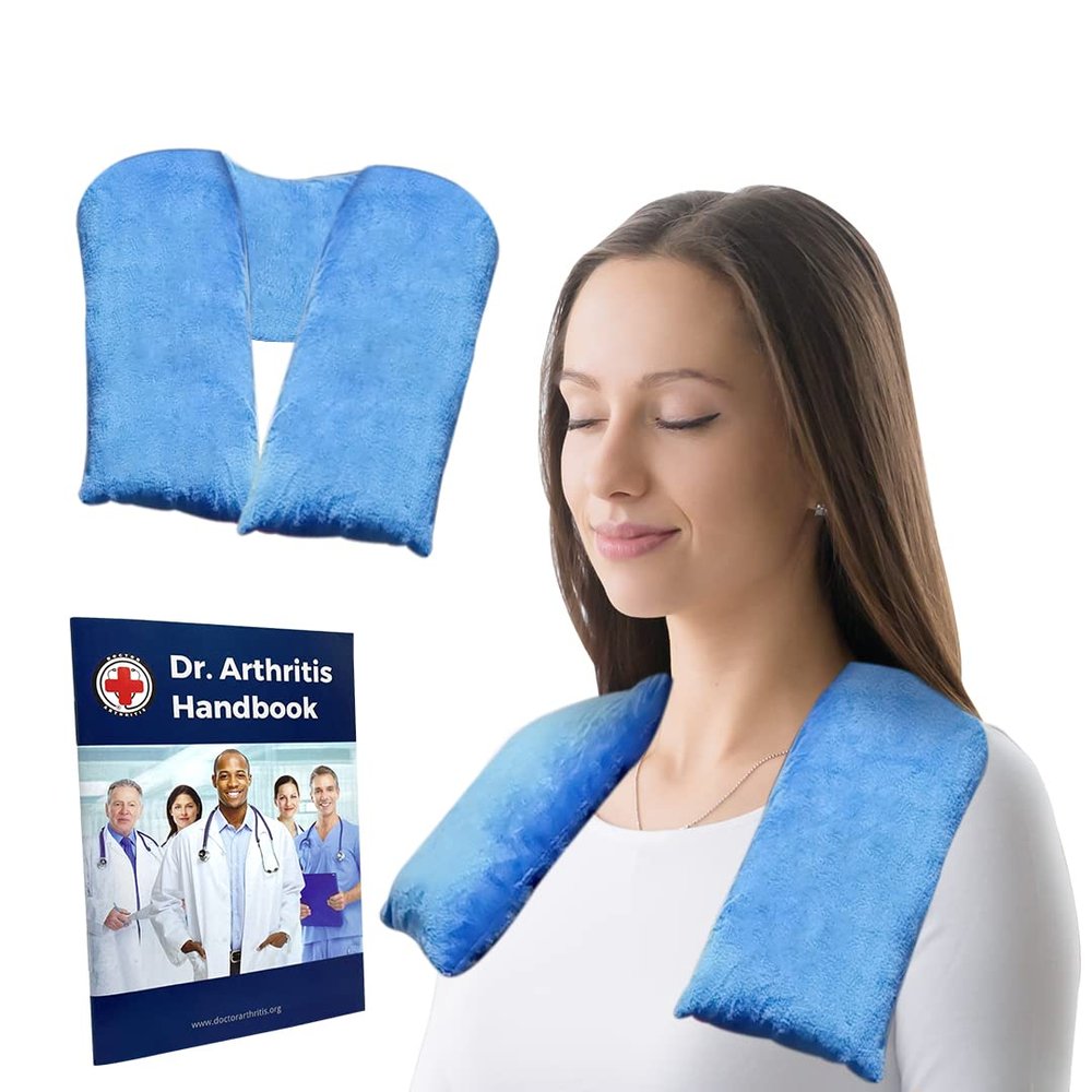 Doctor Developed Heated Neck Wrap - Weighted Heating Pad with Natural Flax Seeds - Cordless Microwavable Heating Pad for Neck & Shoulders - Soft Plush Relief (Blue)