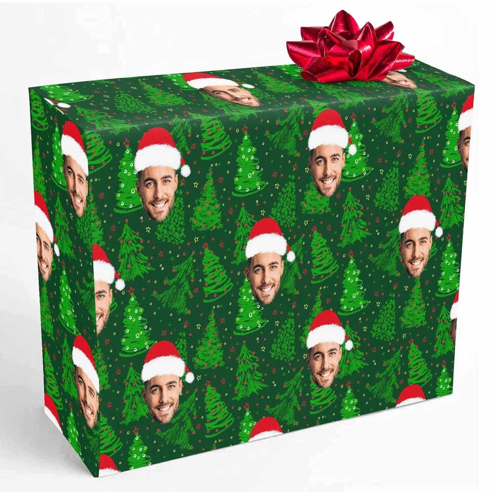 InterestPrint Personalized Photo Wrapping Paper, Green Christmas Trees Custom Face Gift Wrapping Paper Roll with Printed Picture for Friend Grandma Grandpa Birthday Wedding Christmas Gifts 2 Roll