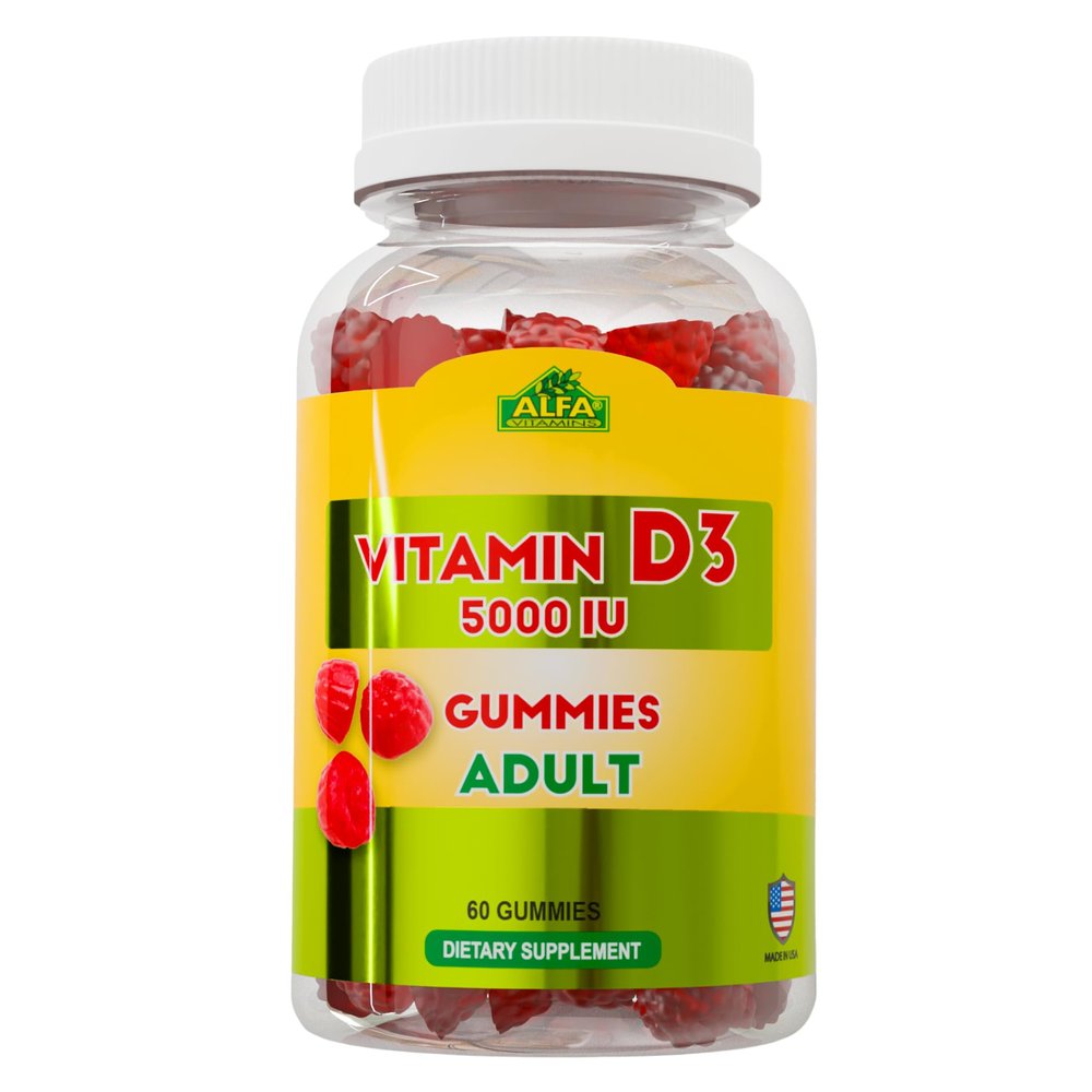 ALFA VITAMINS Vitamin D3 5000 IU Gummies, Immune Support & Calcium Absorption Supplement, 125 mcg per Gummy, Natural Strawberry Flavor, Supports Bone & Muscle Health, Non GMO, 60 Gummies