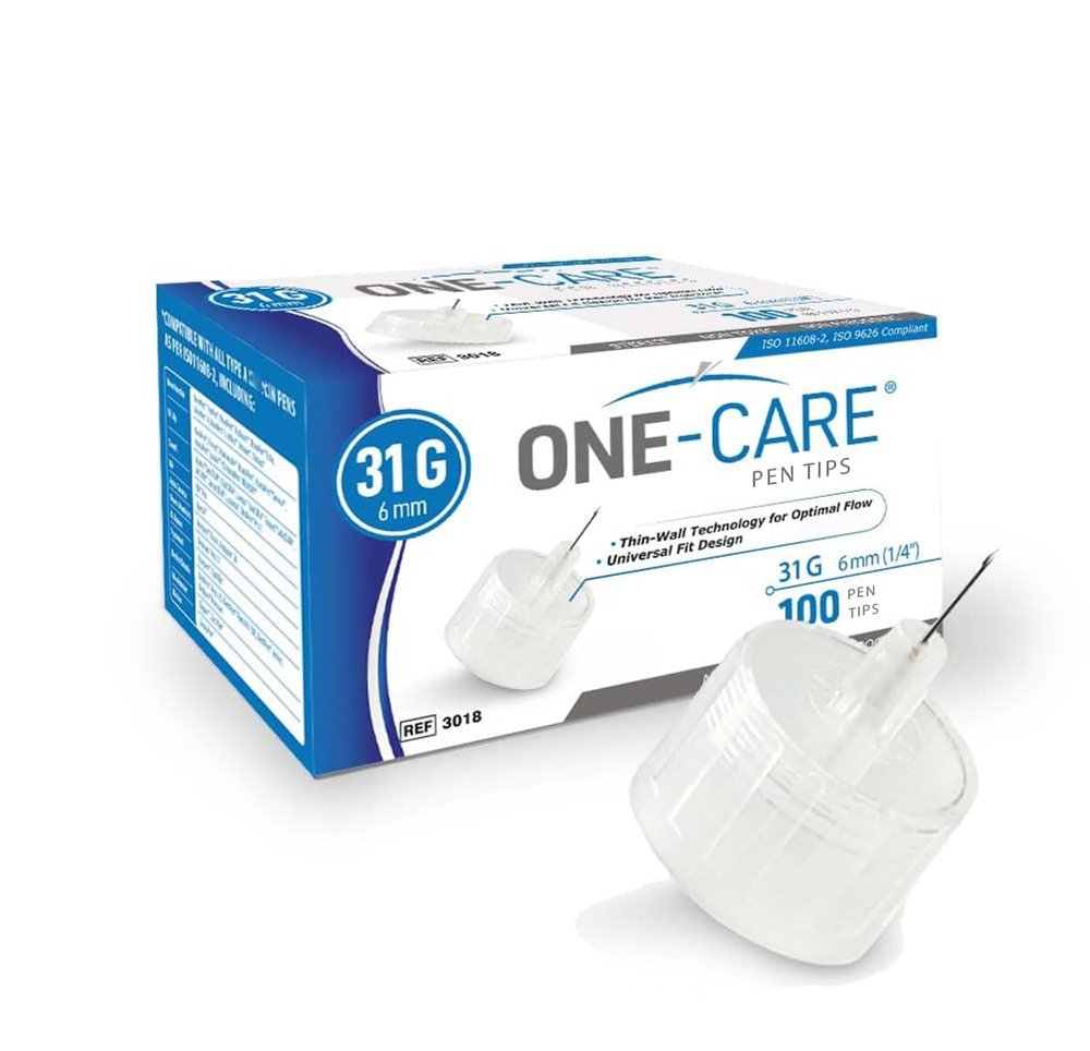 ONE-CARE Pen Tips 31G x 6 mm (1/4)  Thin-Wall Channel Design, Universal Twist-On Fit, Compatible, 100 Count