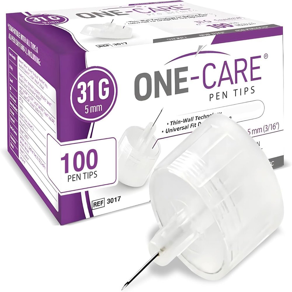 ONE-CARE Pen Tips 31G x 5 mm (3/16)  Thin-Wall Channel Design, Universal Twist-On Connection, 100 Count Box