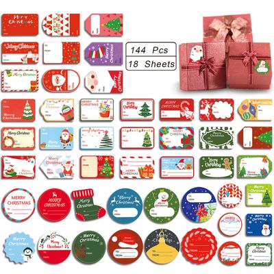 144 Pcs Christmas Self-Adhesive Gift Tag Stickers - Holiday Labels for Santa, Snowman, Tree, Reindeer - Present Name Labels for DIY Xmas Gifts