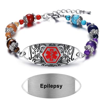 MAXZOOL Epilepsy Medical Alert Bracelet for Men Women | Disease Awareness With Colorful Beads | Adjustable ID Bracelet With Stainless Steel Tag 7.5-9.0 Inches