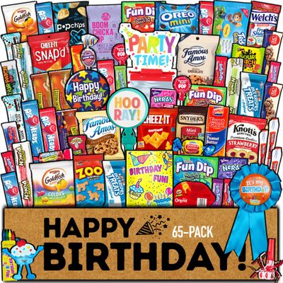 Birthday Care Package (65 Count) Snacks Cookies Chocolate Bar Chips Candy Party Variety Gift Box Pack Assortment Basket Bundle Mix Treat College Students Kids Teens