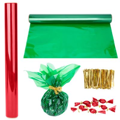 Wehhbtye 2 Rolls Christmas Cellophane Roll - 33Ft Long x 32In Wide Transparent Cellophane Wrapping Paper with 800PCS 3Gold Twist Ties - Colored Cellophane Wrap for Gift Basket Treats Package Storage