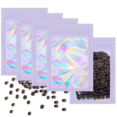 100 Pieces Purple Smell Proof Mylar Bag,Resealable Holographic Packaging bags,Cute Package Bags for Small Business,Sealed Mylar Foil Pouch Bags for Gift,Candy,Jewelry,Sample Packaging