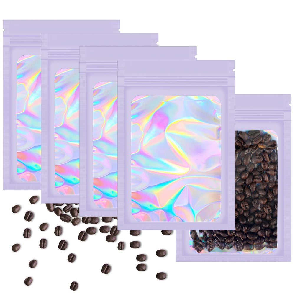 100 Pieces Purple Smell Proof Mylar Bag,Resealable Holographic Packaging bags,Cute Package Bags for Small Business,Sealed Mylar Foil Pouch Bags for Gift,Candy,Jewelry,Sample Packaging