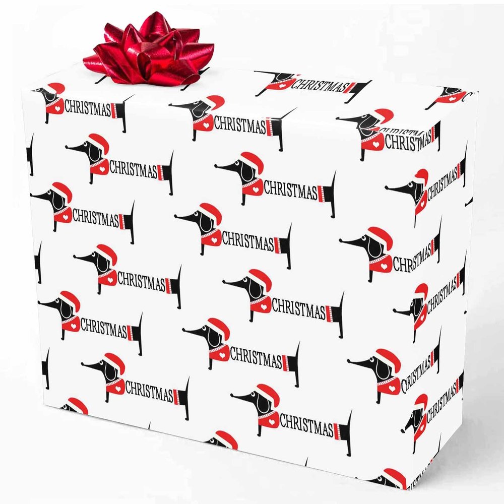 Customized Name Gift Wrapping Paper, Christmas Dog Dachshund Santa Hat White Personalized Birthday Gift Wrap Paper with Text Funny Wrapping Paper Roll for Men Women Birthday Christmas 58x23 1 Roll