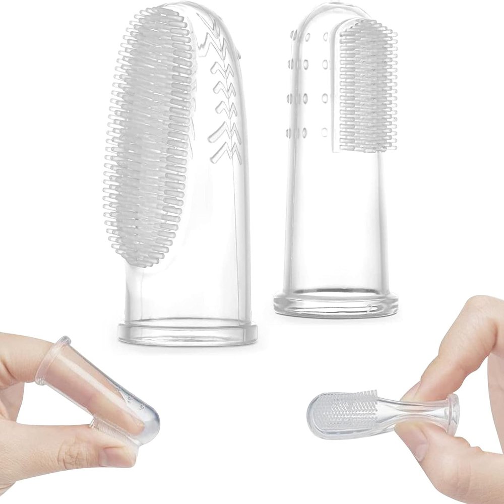 haakaa Silicone Baby Finger Toothbrush Set -360 Bristle for Baby Oral Gum Cleaning| Baby Teething Training| Newborn Oral Massager, BPA Free,2PK - 0m+Babies - Clear