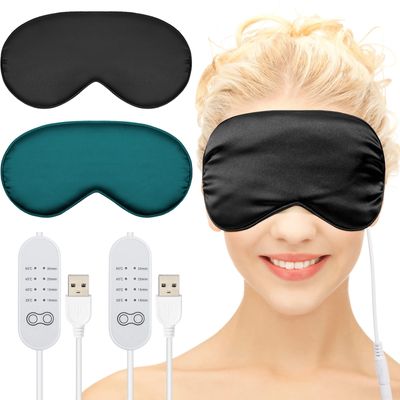 2 Pieces Silk Heated Eye Mask for Dry Eyes USB Steam Warm Compress for Puffy Eyes Adjustable Temp Sleep Eye Mask for Dry Eye, Chalazion, Blepharitis, Stye (Black, Green)