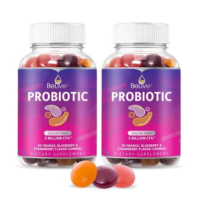 BeLive Probiotic Gummies - Probiotics with 5 Billion CFUs for Digestive Health, Men, Women & Kids Probiotic Supplements for Immune Support, Sugar Free & Vegan  Blueberry, Strawberry & Orange | 2-Pack