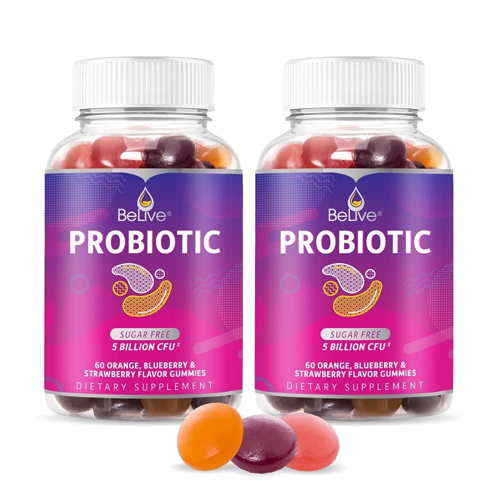 BeLive Probiotic Gummies - Probiotics with 5 Billion CFUs for Digestive Health, Men, Women & Kids Probiotic Supplements for Immune Support, Sugar Free & Vegan  Blueberry, Strawberry & Orange | 2-Pack