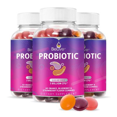 BeLive Probiotic Gummies - Probiotics with 5 Billion CFUs for Digestive Health, Men, Women & Kids Probiotic Supplements for Immune Support, Sugar Free & Vegan Blueberry, Strawberry & Orange | 3-Pack