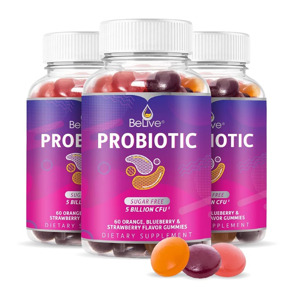 BeLive Probiotic Gummies - Probiotics with 5 Billion CFUs for Digestive Health, Men, Women & Kids Probiotic Supplements for Immune Support, Sugar Free & Vegan Blueberry, Strawberry & Orange | 3-Pack