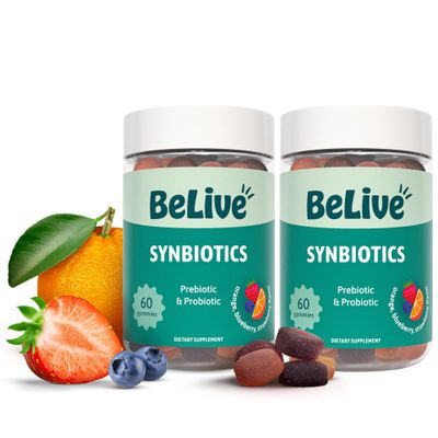 BeLive Synbiotics - Probiotic & Prebiotic Fiber Gummies  High Strength Inulin (3g), Dietary Fiber Supplement, Digestive Support for Kids & Adults - Strawberry, Orange, Blueberry Flavor | 2-Pack