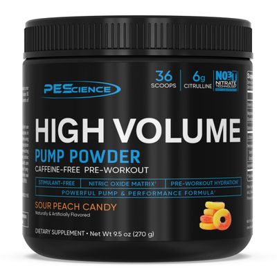 PEScience High Volume Stim-Free Pre Workout Pump Powder, Nitric Oxide Booster with L Citrulline & L Arginine Nitrate, Non-Stim Preworkout for Men and Women, 36 Scoops, Sour Peach Candy