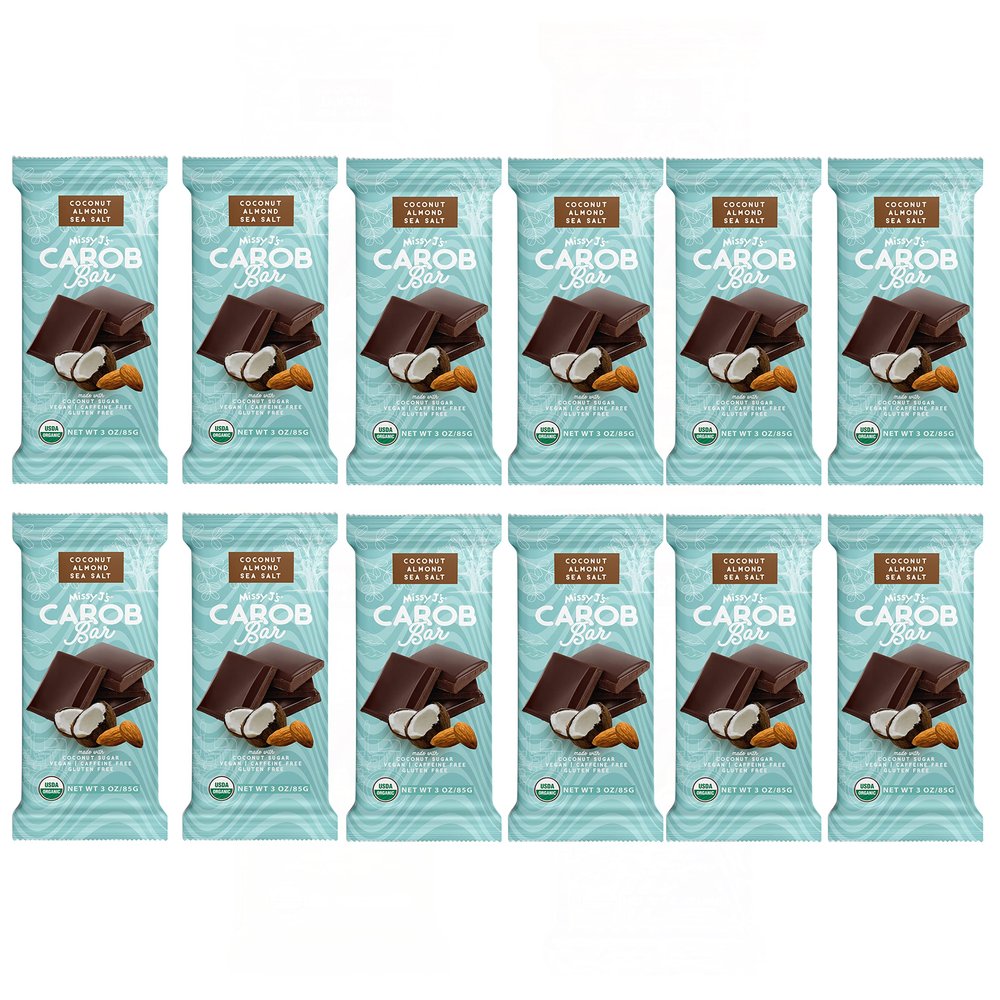 Missy J's Organic Coconut Almond Bar 3 Oz 12 Pack | Carob Made w/Coconut Sugar, Vegan and Gluten-Free | Healthy Caffeine Free Substitute for Chocolate, Perfect for Snacks and Treats