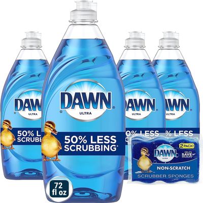 Dawn Ultra Dishwashing Liquid Dish Soap (4x18 Fl oz) + Non-Scratch Sponge (2 Count), Original Scent