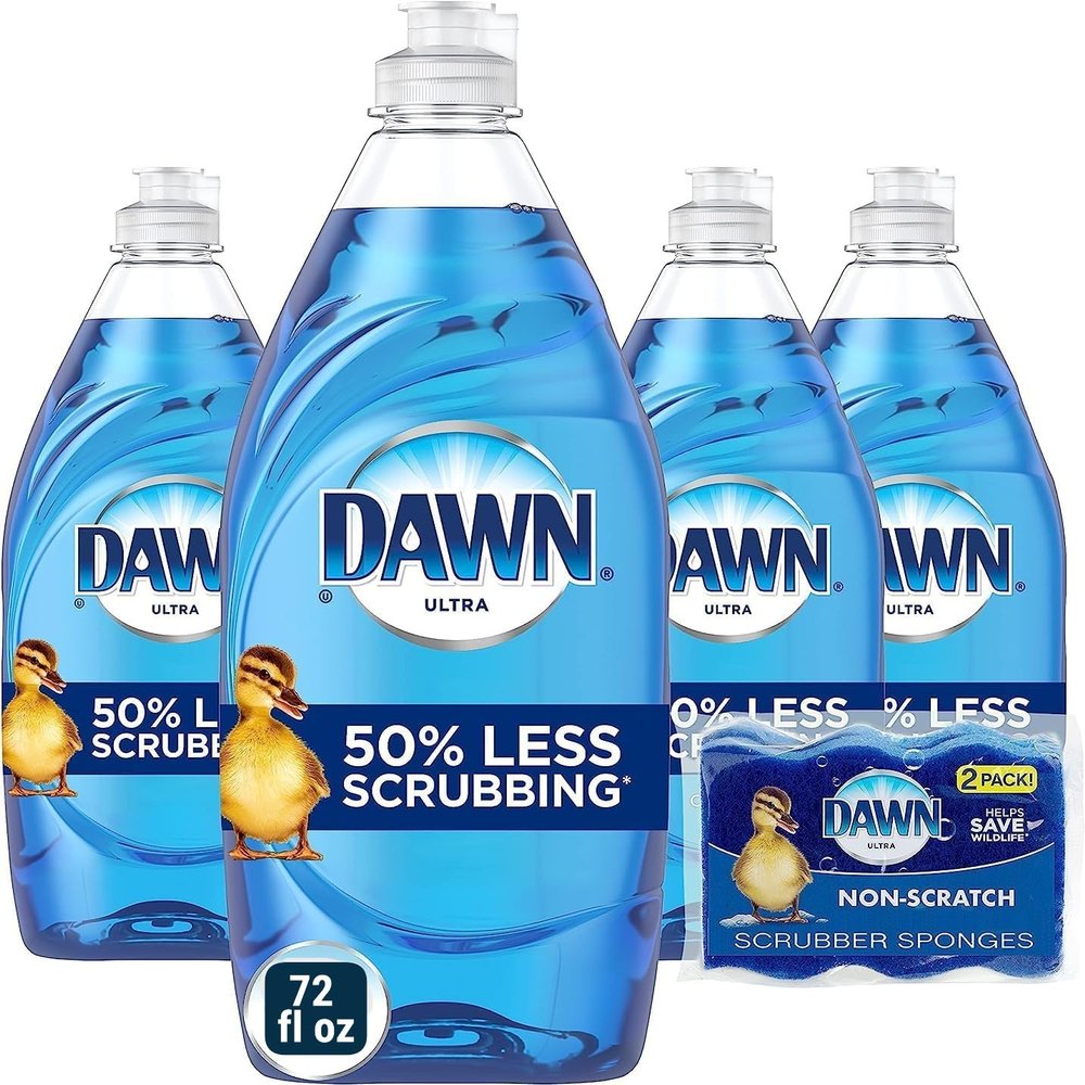 Dawn Ultra Dishwashing Liquid Dish Soap (4x18 Fl oz) + Non-Scratch Sponge (2 Count), Original Scent