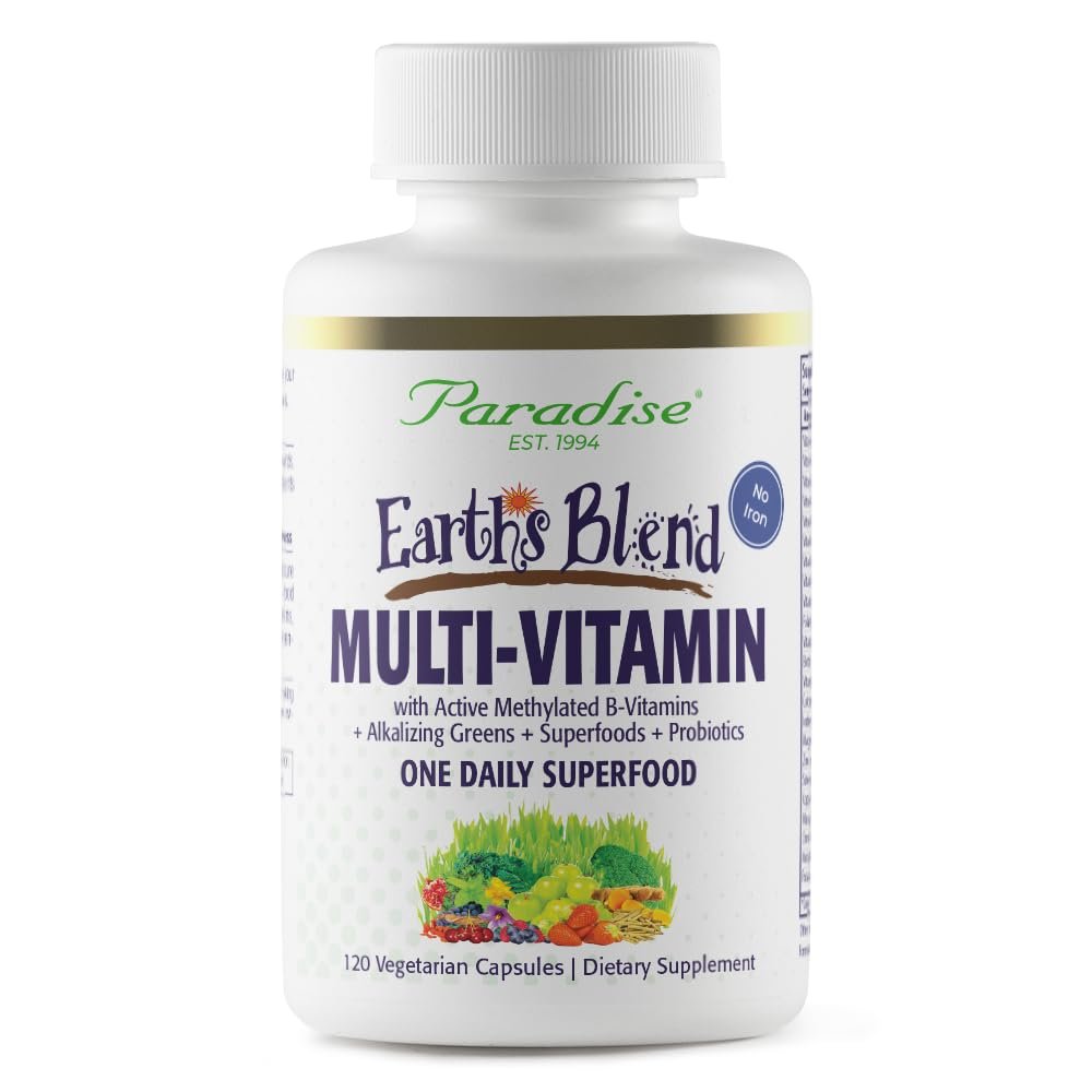 Paradise Herbs Earth's Blend Once Daily Multivitamin for Men, No Iron, 48 Organic Superfoods, Probiotics, Antioxidants, Vitamins A, B12, C, D, K2,120 Count