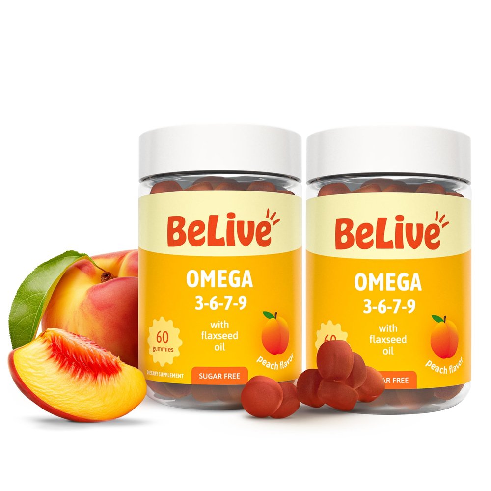 BeLive Organic Omega 3 Gummies - Omega 3 6 9 7 DHA & EPA from Flaxseed Oil & Sea Buckthorn Fruit Oil, Vegan, for Kids & Adults, Full Body, Brain & Eye Support, Sugar Free  Peach | 2-Pack