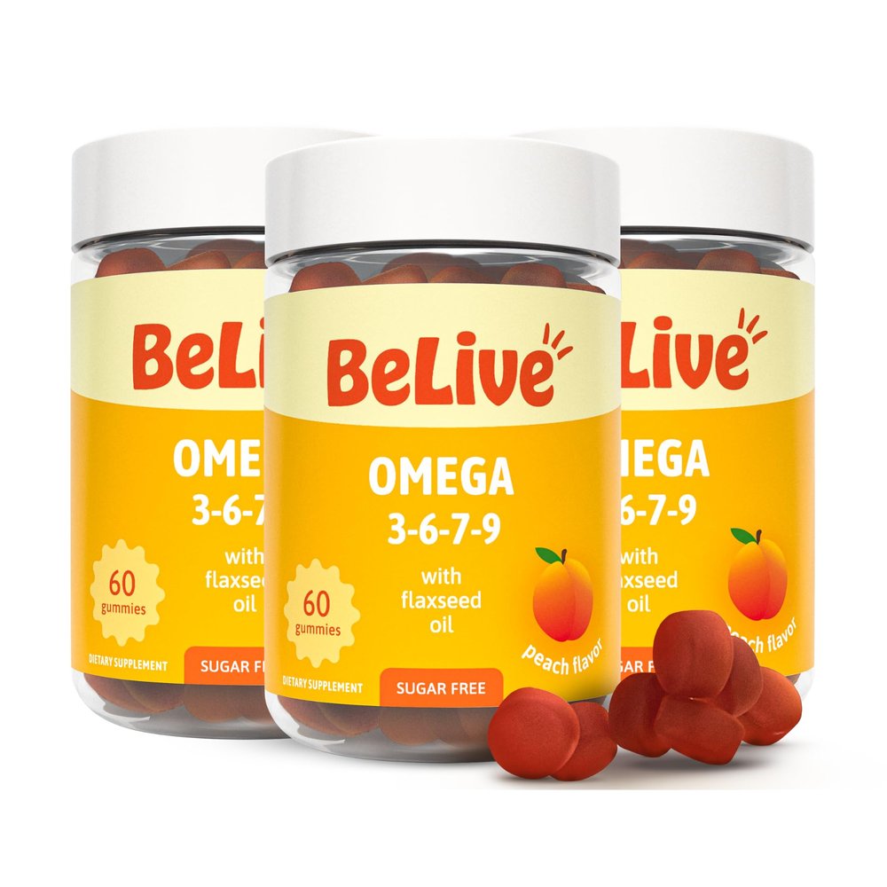 BeLive Organic Omega 3 Gummies - Omega 3 6 9 7 DHA & EPA from Flaxseed Oil & Sea Buckthorn Fruit Oil, Vegan, for Kids & Adults, Full Body, Brain & Eye Support, Sugar Free  Peach | 3-Pack