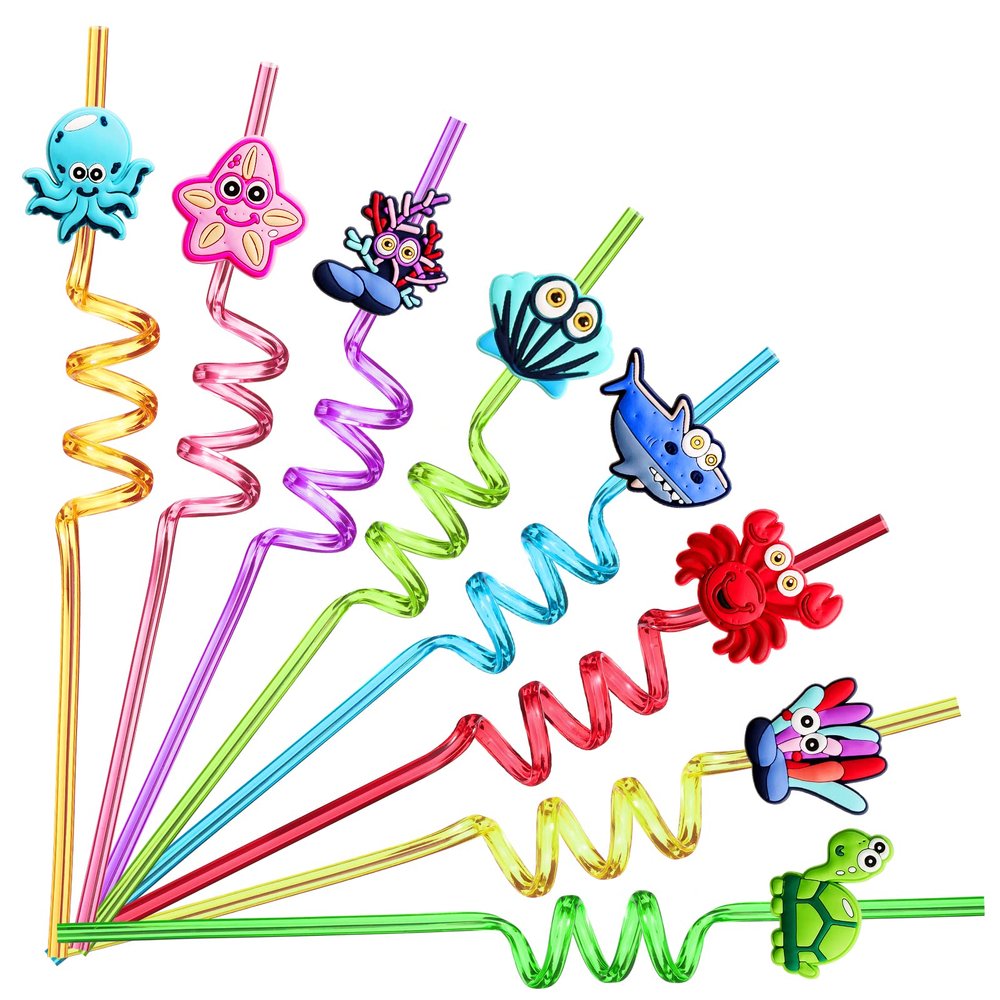 24 Under the Sea Party Favors Animal Drinking Straws Goodie Gifts for Kids Ocean Birthday Party Supplies With 2 PCS Cleaning Brushes