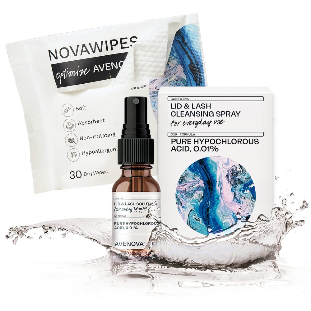 Avenova Eyelid and Eyelash Cleanser Spray & Wipe Kit - Kit with Gentle Cleansing Hypochlorous Acid Spray & 30 Dry Eyelid Wipes for Eye Irritation
