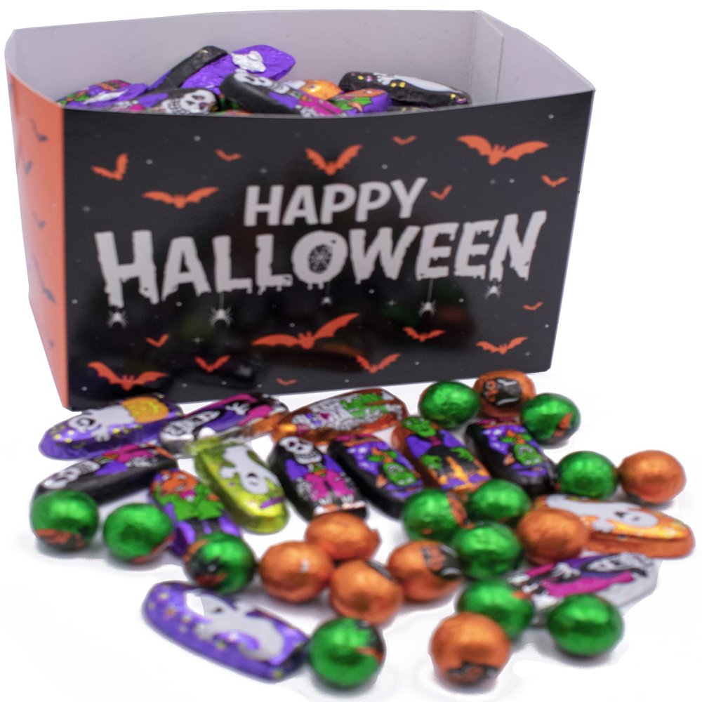 Festive Foil-Wrapped Milk Chocolates in a Box (2 lbs, Happy Halloween)