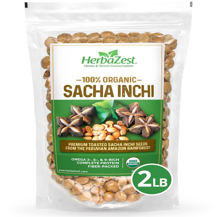 HerbaZest Sacha Inchi Seeds (2 LB)  USDA Certified Organic  Vegan, Non-GMO & Gluten-Free  Perfect for Snacks, Baked & Non-Baked Goods