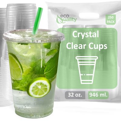 EcoQuality 32 oz Clear Plastic Disposable Cups with Lids and Smoothie Straws - Clear PET Cup for Smoothies, Protein Shakes, Bubble Tea, Iced Coffee, Boba, Fresh Juice, Meal Prep, Party Cup (250)